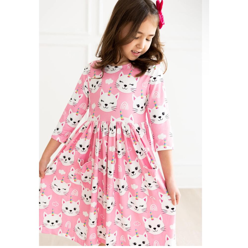 Mila & Rose UNICORN KITTIES 3/4 SLEEVE POCKET TWIRL DRESS! Size 4